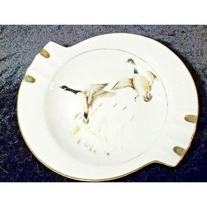 Canada Geese Ceramic Ashtray W/ Gold Detail  8” X 7.5” Norleans of Japan MCM VTG